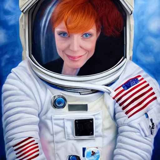 Image similar to redhead fashion model astronaut portrait, hyperrealism oil painting