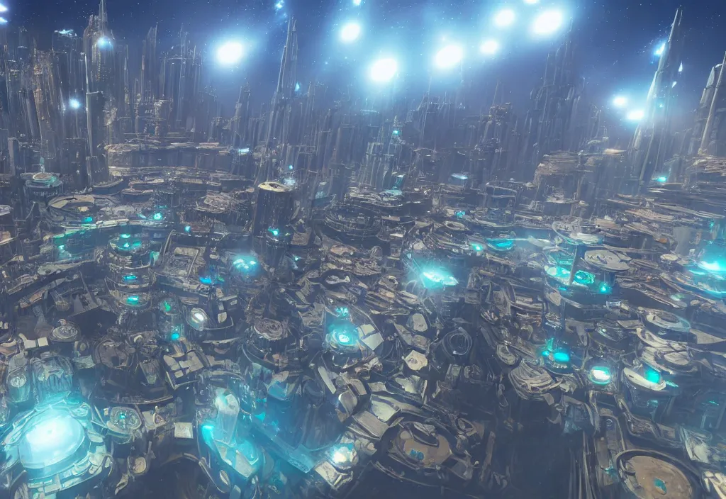 Image similar to a city made of holographic metal in a floating island in space, cinematic, unreal engine 5