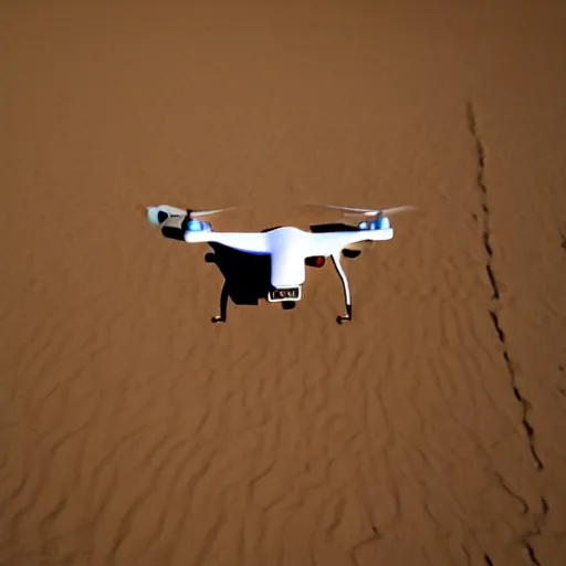 Prompt: photograph of a low polygon drone flying above sand,