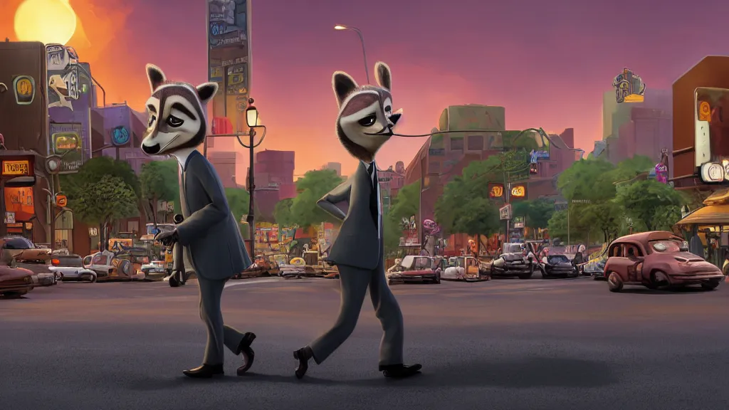 Image similar to An anthropomorphic raccoon businessman is walking down a busy crosswalk at sunset, warm lighting with an orange glow blanketing the cityscape, zootopia, other anthropomorphic characters are walking by him, extremely detailed, HDR, sideview, solemn and moody, many cars and animal people in the background, detailed face and eyes, visible pupils, the ground is wet with many rain puddles, reflections from the water on the ground