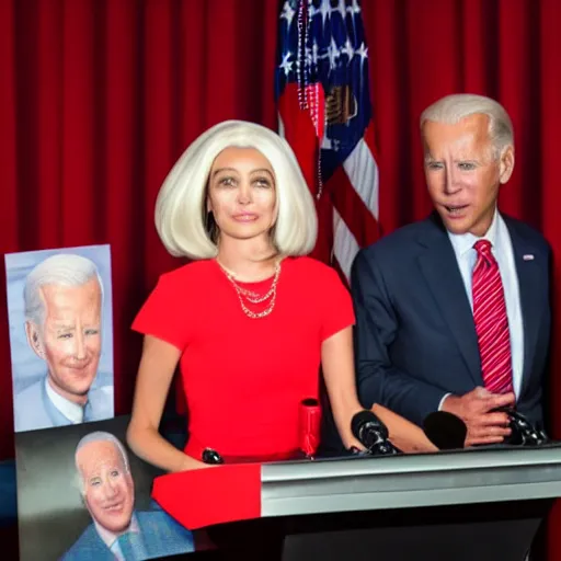 Image similar to photograph of a an alien, gray alien, wearing a blond wig and a red dress and ((Joe Biden)) at a press conference, highly detailed, 4K