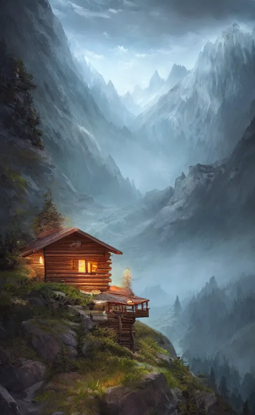 Image similar to cabin high on a mountain, the valley beneath, dynamic lighting, photorealistic fantasy concept art, trending on art station, stunning visuals, creative, cinematic, ultra detailed