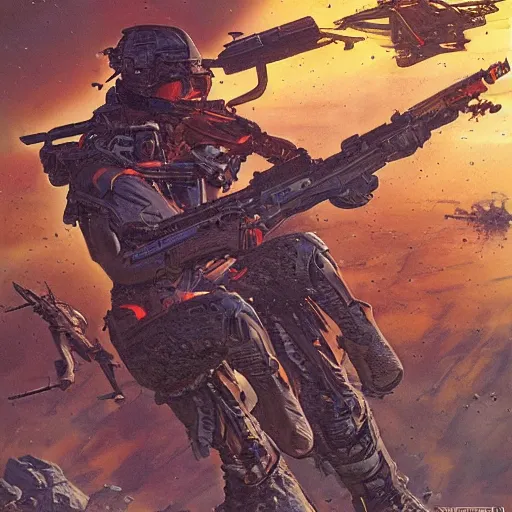 Image similar to futuristic doppelsoldner in combat by James Gurney and moebius.