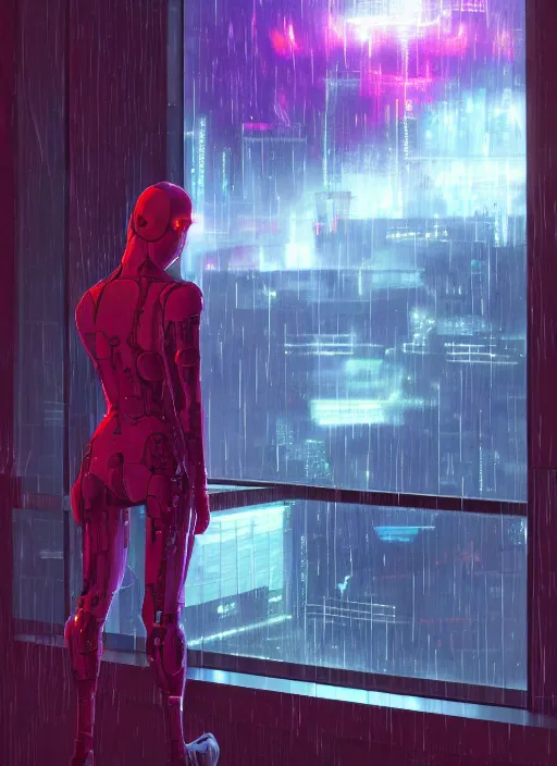 Image similar to lonely cyber person made of cosmic galaxy energy watching a vast rainy colorful complex cyberpunk futuristic city from behind at night through a window in a room, 8 k, photorealistic, concept art, wet, highly detailed, cinematic mood by ridley scott, ghost in the shell, akira, digital painting, trending on artstation, glowing lights, sharp focus, epic composition