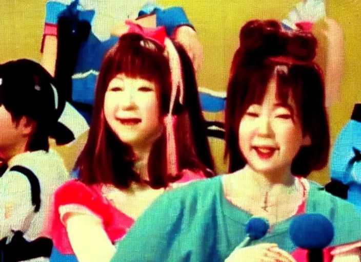 Prompt: Japanese funny TV show. Color VHS footage. A cute girl dancing on stage in the TV studio.