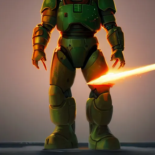 Image similar to a wholesome animation key shot of a doomguy, close up, studio ghibli, pixar and disney animation, sharp, rendered in unreal engine 5, clear sky, anime key art by greg rutkowski, bloom, dramatic lighting