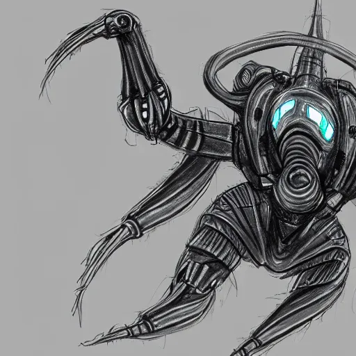 Image similar to concept art sketch of a cyberpunk insectoid underwater alien and its minions