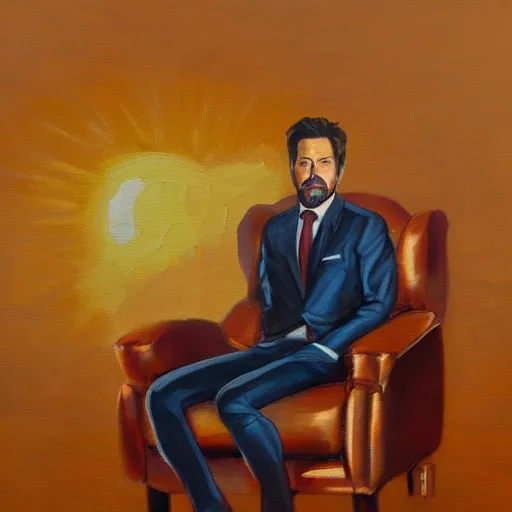 Image similar to detailed oil painting of tony stark sitting in an armchair in a room with the setting sun, by jama jurabaev, brush hard, golden hour, brush stroke