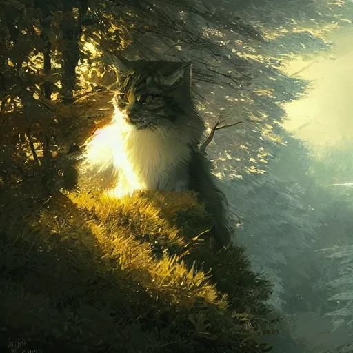 Image similar to concept art, siberian cat shining its light by gingko trees, 8 k, by greg rutkowski, and john howe, background of the sky at dusk by james gurney, artstation