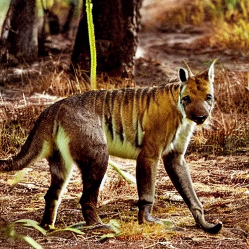 Prompt: dynamic photos of a tasmanian tiger, National Geographic animal pictures, sharp detail, shallow depth of field