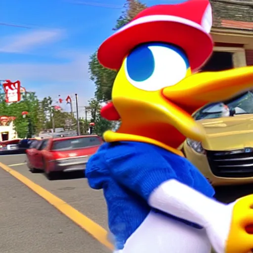 Image similar to Donald duck stealing a car, dash cam footage, wide angle lens