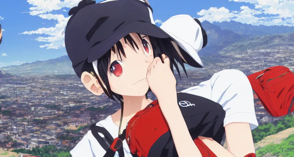 Image similar to closeup of an Anime girl with an oversized white tshirt and a black cap wearing a red fanny pack with the city of Armenia Quindio in the background, Artwork by Makoto Shinkai, official media, 8k, wallpaper, high definition, wallpaper, hd, digital artwork