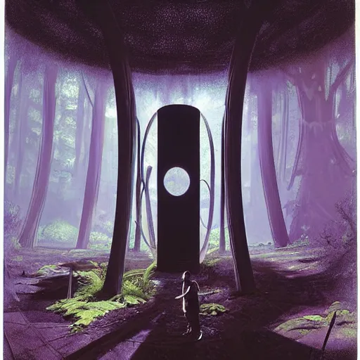 Image similar to portal in a middle of a lush futuristic forest, alien world seen through a portal, person in a cloak standing in front of a portal, syd mead, john harris