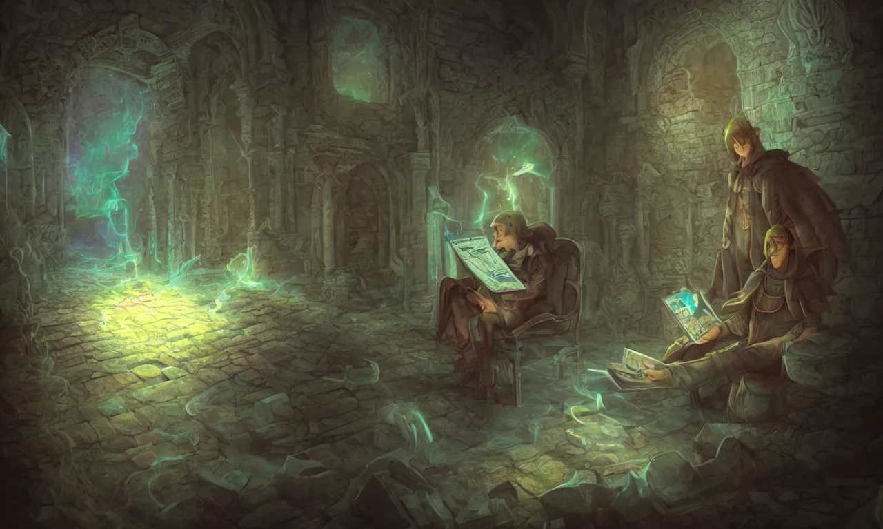 Prompt: kerberos realm, faked ticket close up, wizard reading a directory, nordic pastel colors, abandoned ruins, 3 d art, digital illustration, perfect lighting