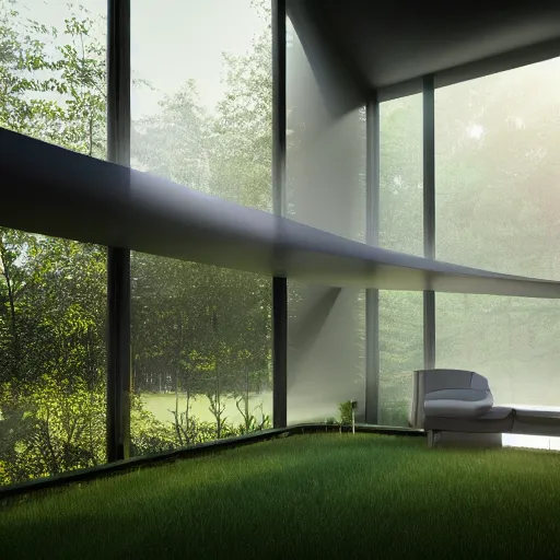 Prompt: futuristic house where nature blends into architecture, beam of light entering from a window, structure merging into the landscape, octane render, 4k