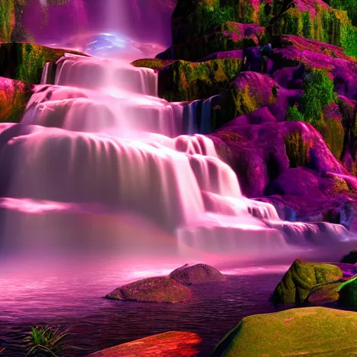 Image similar to the universe is a woman - shaped waterfall spilling onto the rocks of love in a million bright colors of swirling ecstasy, unreal engine, dramatic lighting, cinematic