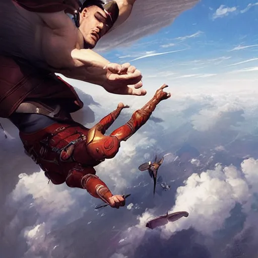 Image similar to a man flying through the sky. photorealistic. realism. 4 k wideshot. cinematic. unreal engine. masterpiece. rule of thirds. beautiful. artgerm. marc simonetti. jc leyendecker