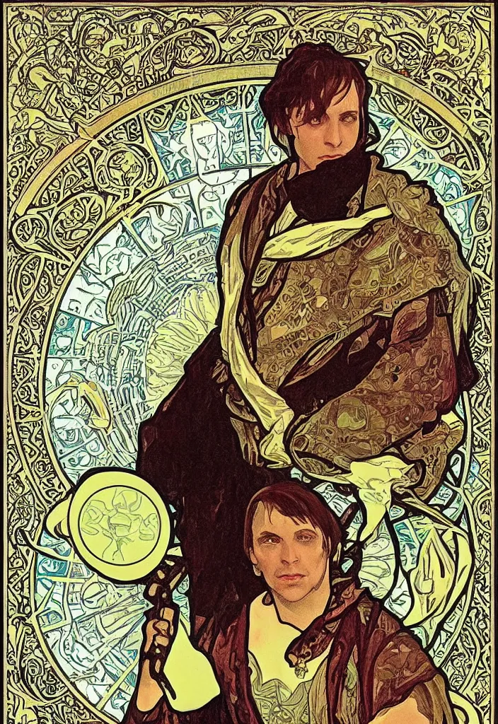 Prompt: Geoff Rickly on a tarot card, tarot major arcana in art style by Alphonse Mucha