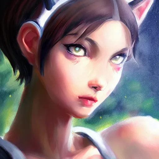 Image similar to Girl with cat ears painting, expressive oil painting, matte art, digital art, trending on artstation, anime style, beautiful lightning, atmospheric