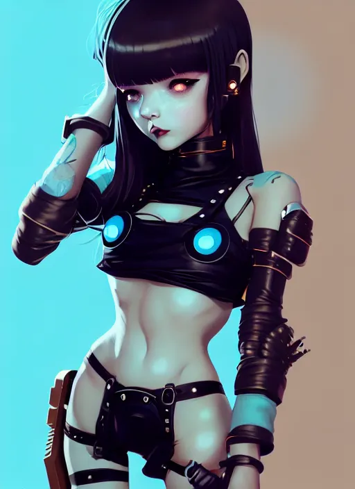 Image similar to portrait of cute goth girl in cyber bikini armor, face by ilya kuvshinov, warhammer, cyberpunk, by atey ghailan, by greg rutkowski, by greg tocchini, by james gilleard, by joe fenton, by kaethe butcher, dynamic lighting, gradient light blue, brown, blonde cream and white color in scheme, grunge aesthetic