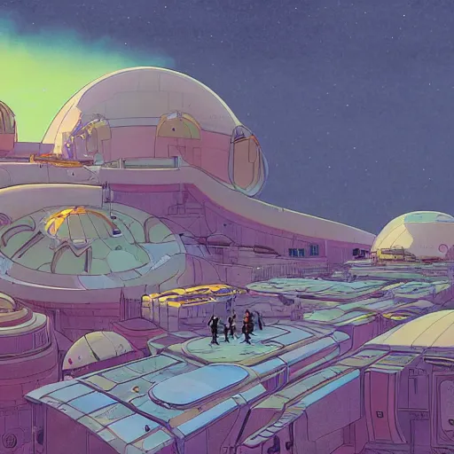 Prompt: a martian colony, digital painting by moebius, daniel taylor, darius puia, and studio ghibli