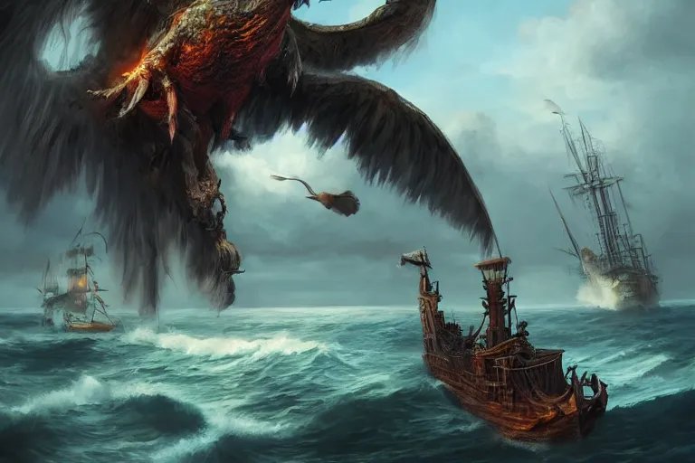 Prompt: Giant bird monster destroying a pirate ship, dramatic oil painting, by WLOP, by Artgerm, volumetrics, digital art, 4k