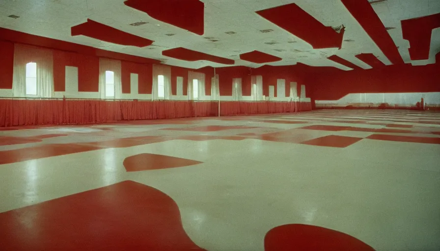 Image similar to 60s movie still of a sovietic stalinist style wide empty ballroom with USSR's flags, cinestill 800t 50mm eastmancolor, liminal Space style, heavy grain-s 150