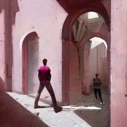 Prompt: concept art, young man in pink shirt standing near french windows, by james gurney, greg rutkowski, john howe, artstation