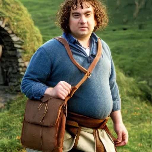 Image similar to clean shaven pudgy British lad with short curly dark brown hair as a hobbit wearing a white men's crossbody sling chest bag and blue vest, high resolution film still, movie by Peter Jackson