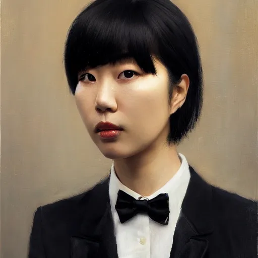 Prompt: portrait of a beautiful korean girl with long hair and bangs, an angry expression, wearing a tuxedo, oil on canvas, elegant pose, masterpiece, Jonathan Yeo painting