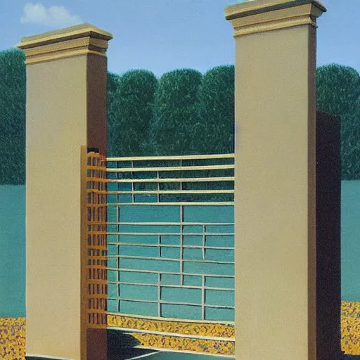 Image similar to gate made out of wax, melting under sun. concept art. rene magritte. h. r. ginger