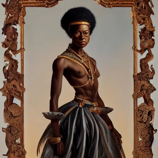 Prompt: a professionally painted portrait of Kara Walker, clothed in ancient battle armor, dark skin, dark hair, beautiful bone structure, symmetrical facial features, stunningly beautiful, intricate, elegant, digital painting, smooth, sharp focus, illustration, from Kehinde Wiley