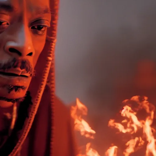 Prompt: cinematic film still of Snoop Dogg starring as a Samurai holding fire, Japanese CGI, VFX, 2022, 50mm lens, shallow depth of field, film photography