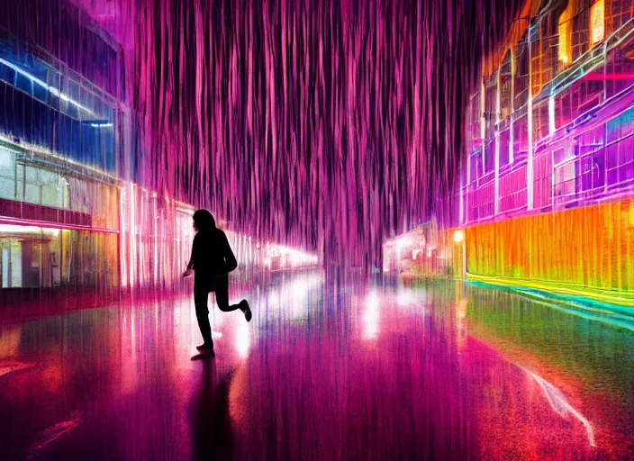 Prompt: a silhouetted person with long, flowing hair runs through an empty neon - lit brutalist city in the rain, colored gel lighting, reflective surfaces, midnight, kodak portra, 8 k art print, film grain, high contrast, hyperdetailed, chromatic aberration, dynamic pose