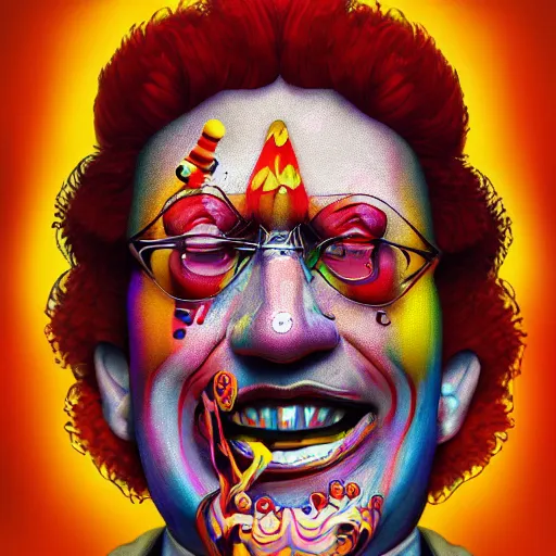 Image similar to An extremely psychedelic portrait of Ronald McDonald, surreal, LSD, face, detailed, intricate, elegant, lithe, highly detailed, digital painting, artstation, concept art, smooth, sharp focus, illustration