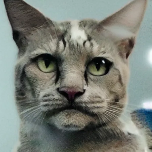 Image similar to dwayne the rock johnson as a cat, close-up portrait, cctv footage video recording