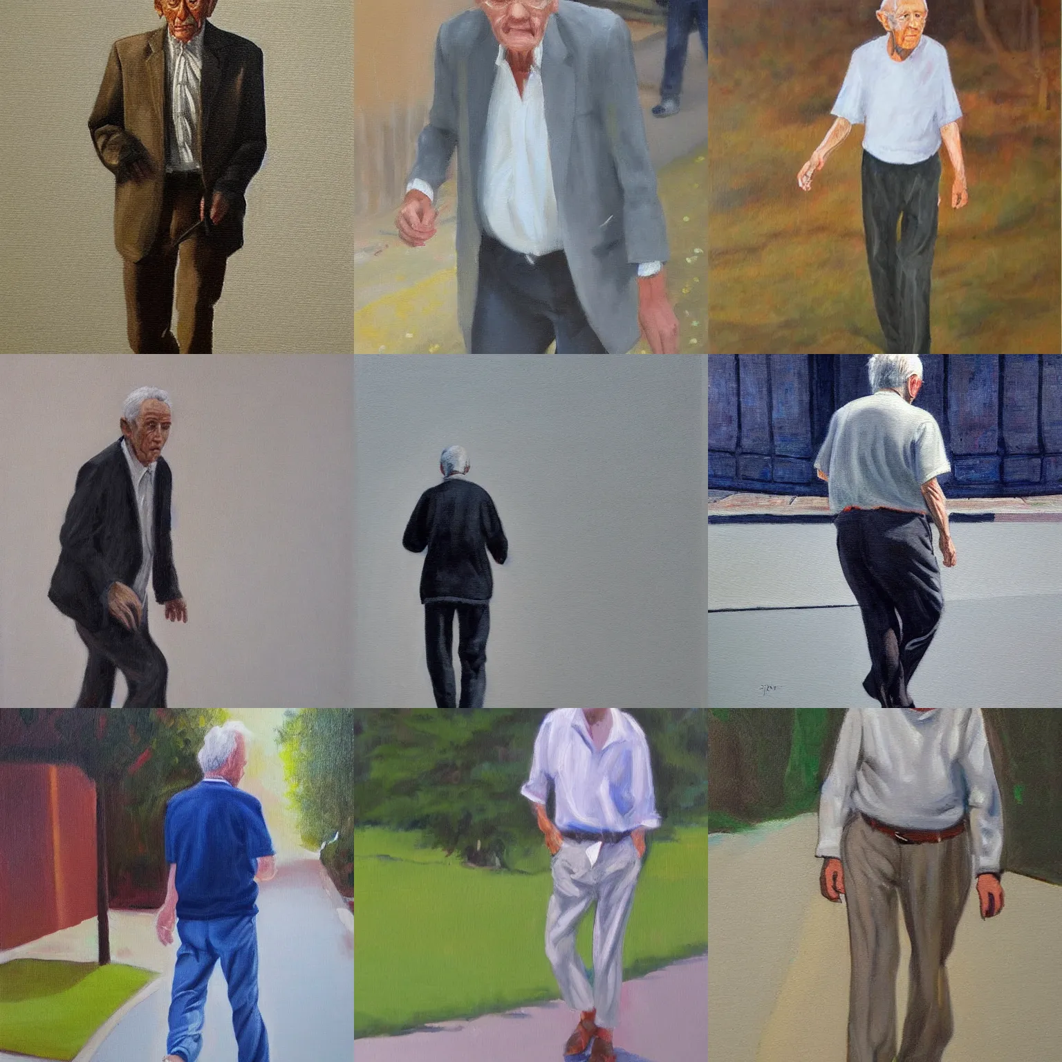 Prompt: skinny old man walking, full body, realism old painting