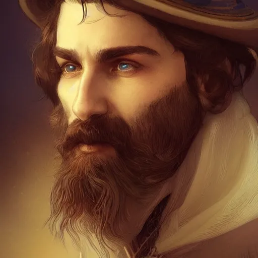 Prompt: portrait of a bearded male bard, D&D, fantasy, intricate, elegant, highly detailed, digital painting, artstation, concept art, smooth, sharp focus, illustration, art by artgerm and greg rutkowski and alphonse mucha