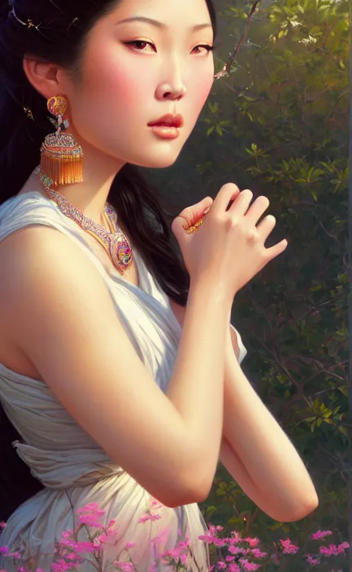 Image similar to a beautiful young charming asian goddess with sundress and jewelry | | winter, realistic shaded, unpleasant face, good looking, fine details, dior, lv, realistic shaded lighting poster by greg rutkowski, macoto takahashi, magali villeneuve, artgerm, jeremy lipkin and michael garmash