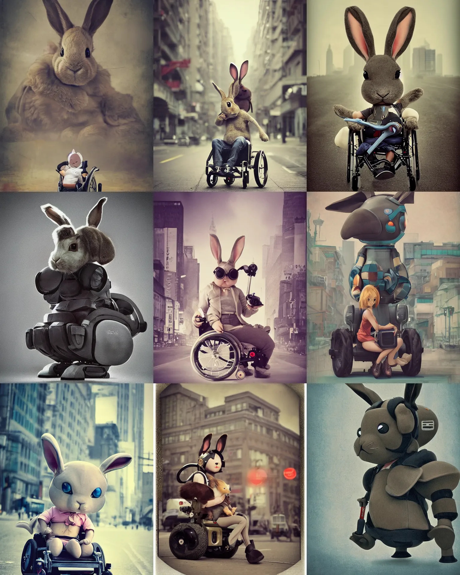 Prompt: sophisticated!!! epic pose!!! giant oversized battle rabbit robot chubby mech baby sport wheelchair! double decker with giant oversized ears and rabbit babies in sitting pose ,in busy city , full body , Cinematic focus, Polaroid photo, vintage , neutral dull colors, soft lights, foggy mist , by oleg oprisco , by national archives, by discovery channel, by victor enrich , by gregory crewdson