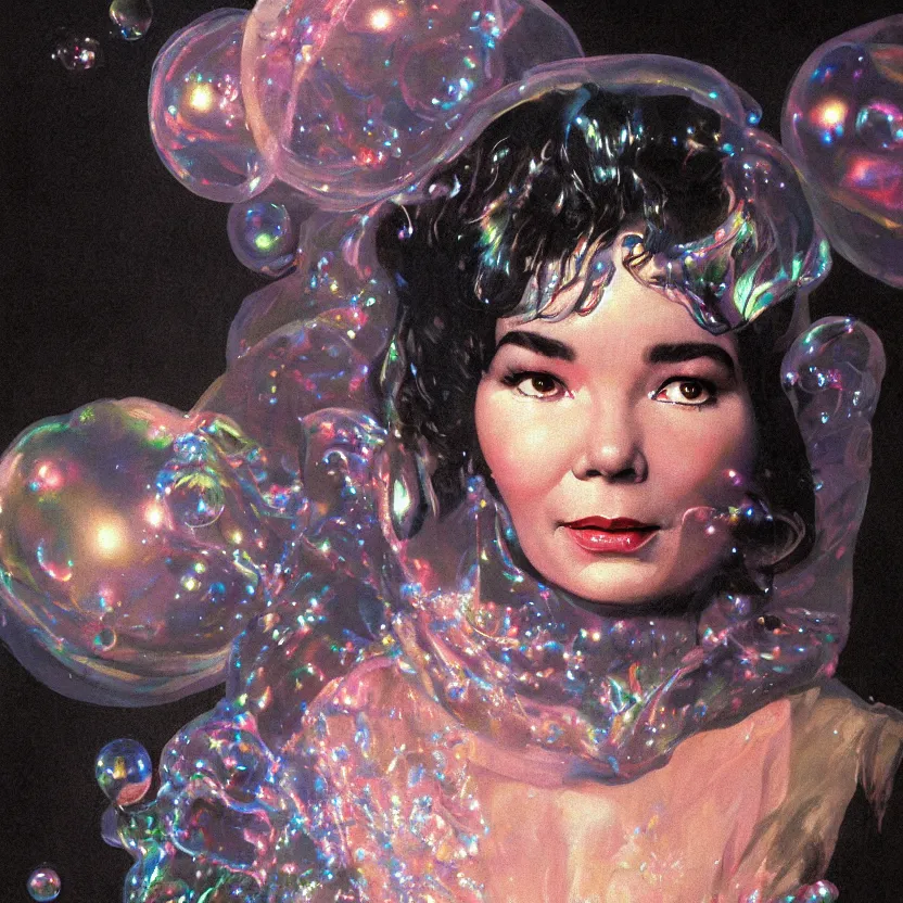 Prompt: a neoclassicist close - up portrait of a bjork cloaked in silk with glowing bubbles. iridescent and reflective alien technology. foggy black background with dark puffy glowing clouds. highly detailed science fiction painting by norman rockwell, frank frazetta, syd mead and moebius. rich colors, high contrast, gloomy atmosphere, dark background. trending on artstation.