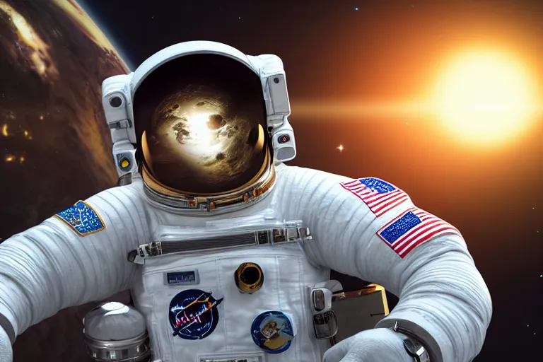 Image similar to astronaut in space wearing a spacesuit floating, international space station in background, highly detailed, photorealistic portrait, bright studio setting, studio lighting, crisp quality and light reflections, unreal engine 5 quality render