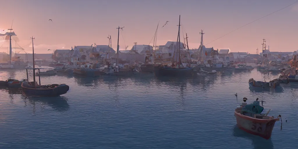 Prompt: a film still of fishing harbour in a small South African seaside town of Paternoster, medium shot, waist up, studio Ghibli, Pixar, Disney and GOBELINS animation, painterly, Rendered in Unreal Engine 5, anime key art by Greg Rutkowski, Bloom, sunrise dramatic lighting