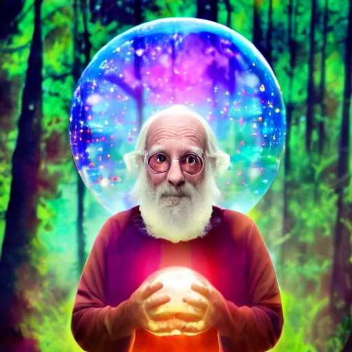 Prompt: an old wizard trapped inside a floating soap bubble among the trees, ethereal, fantasy, style of lisa frank, dramatic lighting