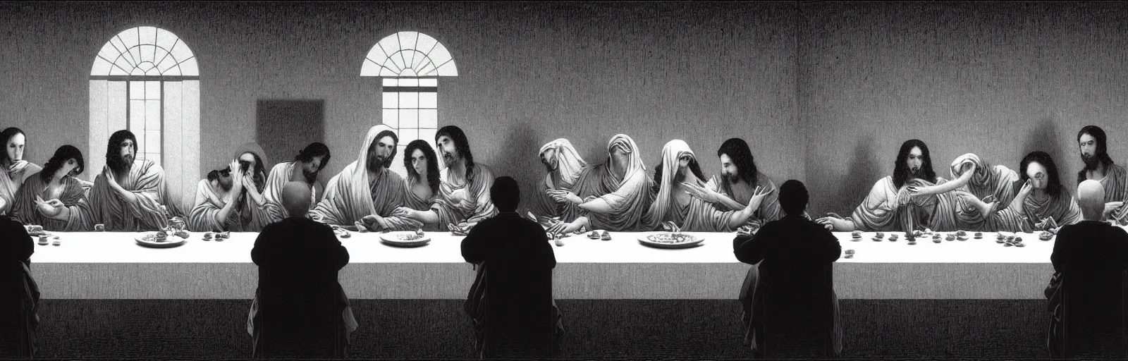 Image similar to colorful!!! the last supper by rene magritte, cyberpunk, kanagawa wave by laurie greasley and bouguereau, ( ( etching by gustave dore ) ), ultraclear intricate, sharp focus, highly detailed digital painting illustration, concept art, masterpiece