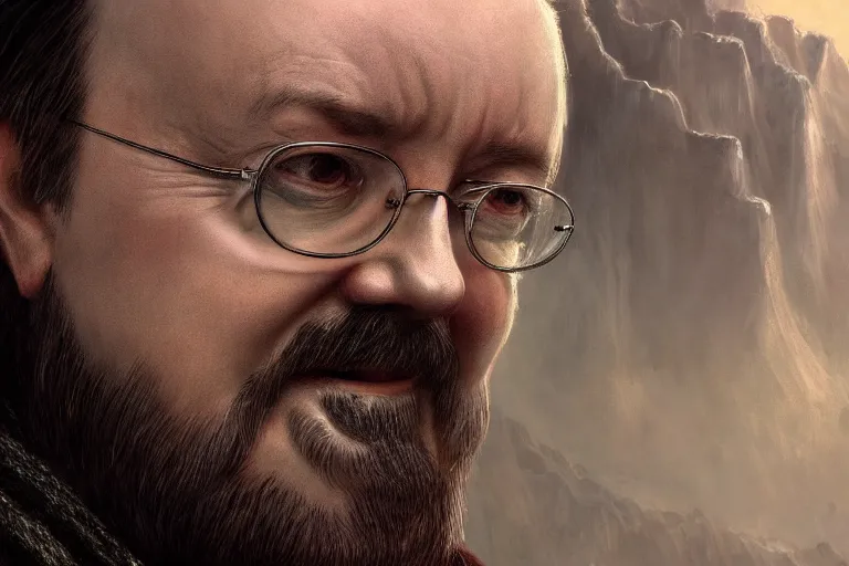 Prompt: closeup portrait of a ricky gervais as an elder wizard, lord of the rings, dramatic light, gorgeous view, depth, high detail, digital art, painted by greg rutkowski and seb mckinnon, by marguerite anderson, trending on artstation