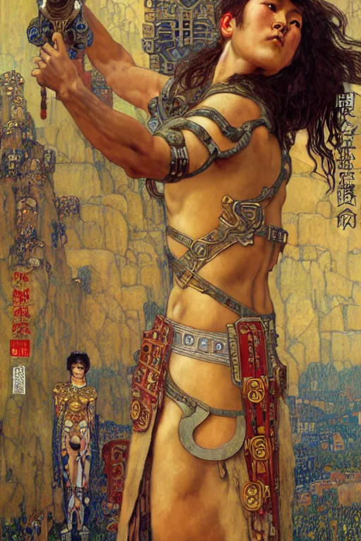 Prompt: Gladiator, muscular, detailed face, correct face, cyberpunk chinese ancient castle, fantasy, painting by Gustav Klimt, greg rutkowski and alphonse mucha