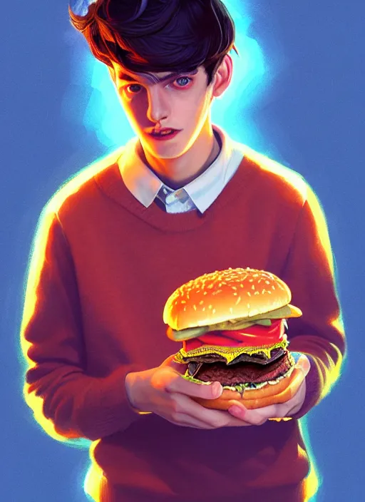 Image similar to portrait of teenage jughead jones, devouring hamburgers, intricate, elegant, glowing lights, highly detailed, digital painting, artstation, concept art, smooth, sharp focus, illustration, art by wlop, mars ravelo and greg rutkowski