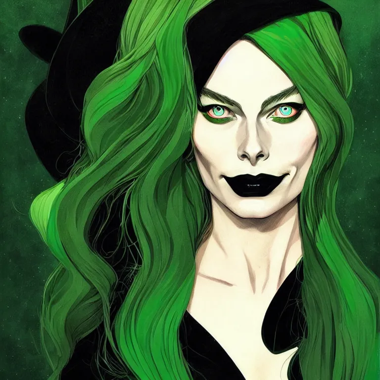 Image similar to Beautiful female witch margot robbie, style of Joshua Middleton comic book art Nick Dragotta comic art, black and green eyes, symmetrical face, symmetrical eyes, scary smile, dark green dress, painterly style