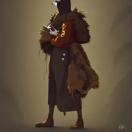 Prompt: anthropomorphic fashion vogue Vulture man man wearing a Buzzard costume wearing a hobo costume ripped physique gerald brom bastien grivet greg rutkowski norman rockwell portrait